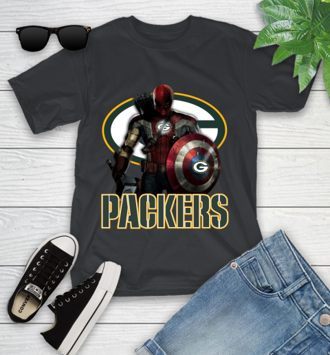 NFL Captain America Thor Spider Man Hawkeye Avengers Endgame Football Green Bay Packers Youth T-Shirt 2
