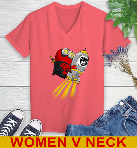 NBA Basketball Brooklyn Nets Deadpool Minion Marvel Shirt Women's V-Neck T-Shirt 6