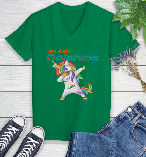 Miami Dolphins NFL Football Funny Unicorn Dabbing Sports Women's V-Neck T-Shirt 5