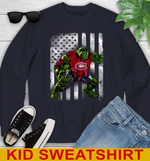Montreal Canadiens Hulk Marvel Avengers NHL Hockey American Flag Youth Sweatshirt 2
