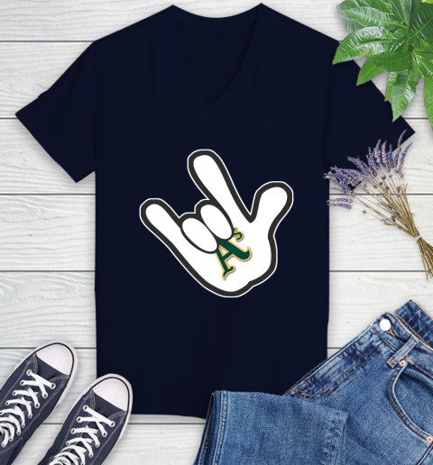 Oakland Athletics MLB Baseball Mickey Rock Hand Disney Women's V-Neck T-Shirt 3