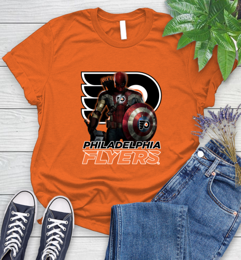 NHL Captain America Thor Spider Man Hawkeye Avengers Endgame Hockey Philadelphia Flyers Women's T-Shirt 4