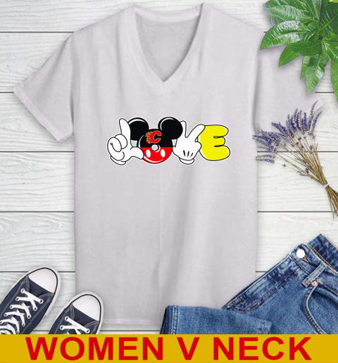 Calgary Flames NHL Hockey Love Mickey Disney Sports Women's V-Neck T-Shirt