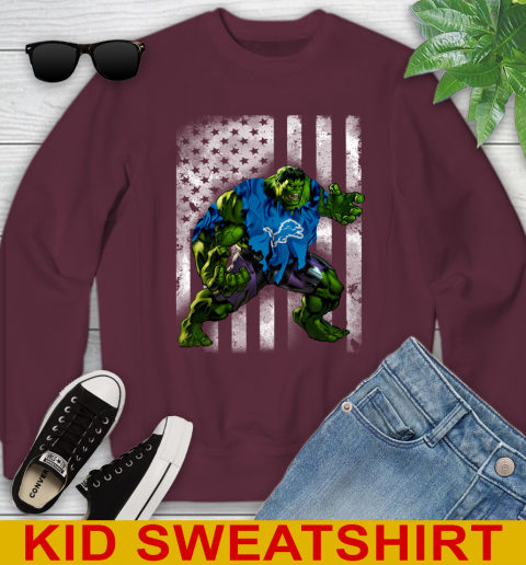 Detroit Lions Hulk Marvel Avengers NFL Football American Flag Youth Sweatshirt 4