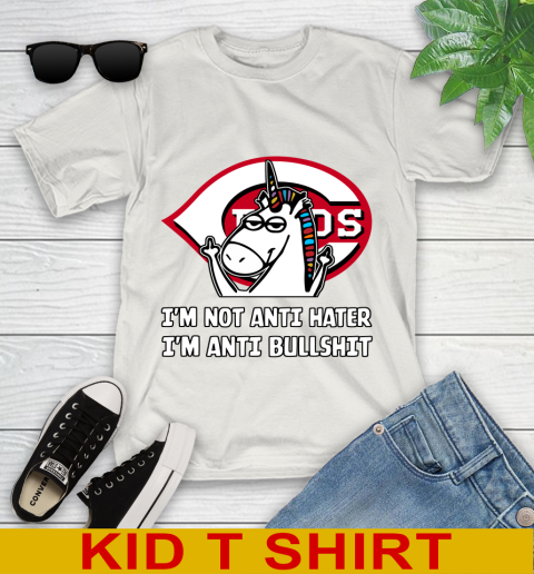 Cincinnati Reds MLB Baseball Unicorn I'm Not Anti Hater I'm Anti Bullshit Youth T-Shirt 12
