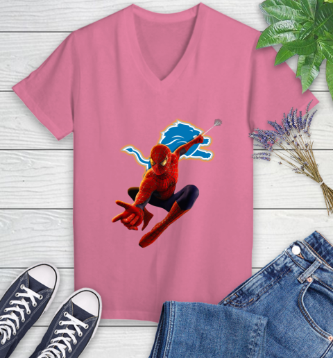 NFL Spider Man Avengers Endgame Football Detroit Lions Women's V-Neck T-Shirt 13