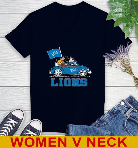 NFL Football Detroit Lions Pluto Mickey Driving Disney Shirt Women's V-Neck T-Shirt 3