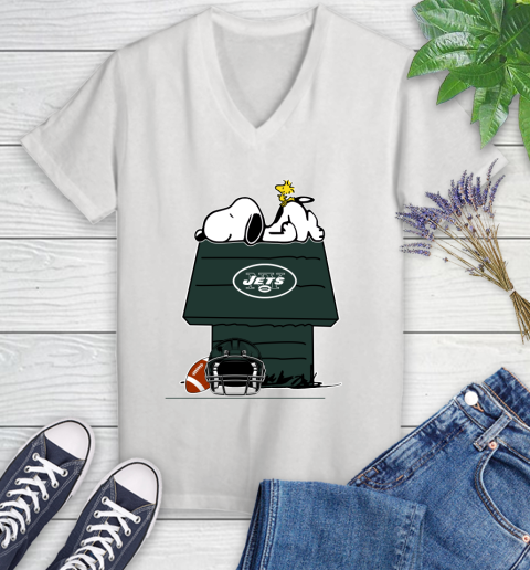 New York Jets NFL Football Snoopy Woodstock The Peanuts Movie Women's V-Neck T-Shirt