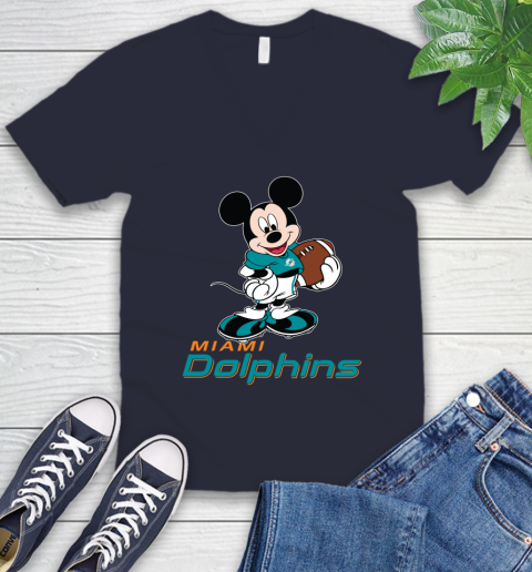 NFL Football Miami Dolphins Cheerful Mickey Mouse Shirt V-Neck T-Shirt 3