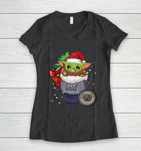 Vegas Golden Knights Christmas Baby Yoda Star Wars Funny Happy NHL Women's V-Neck T-Shirt 8