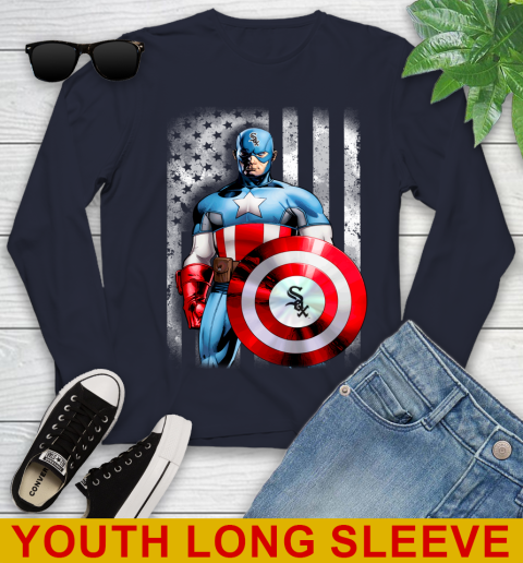 Chicago White Sox MLB Baseball Captain America Marvel Avengers American Flag Shirt Youth Long Sleeve 2