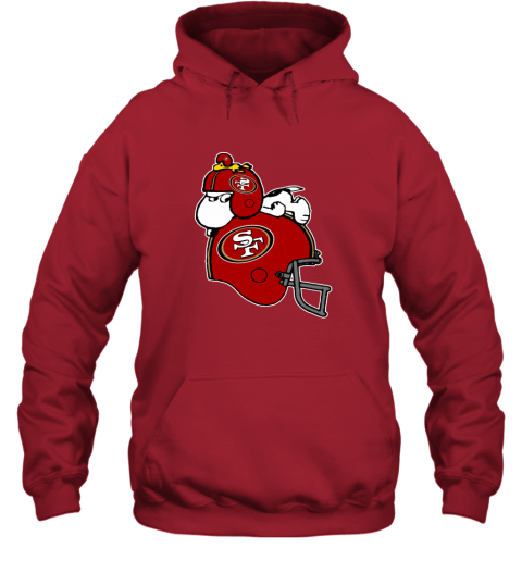 qusm snoopy and woodstock resting on san francisco 49ers helmet hoodie 23 front red