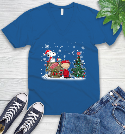 NHL Detroit Red Wings Snoopy Charlie Brown Woodstock Christmas Stanley Cup Hockey V-Neck T-Shirt 5