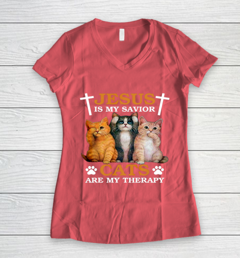 Jesus is My Savior Cat are My Therapy Christians Cat Lover Women's V-Neck T-Shirt 4