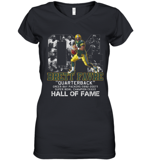 04 Brett Favre Quarterback Green Bay Packers 1992 2007 Super Bowl Champion Hall Of Fame Women's V-Neck T-Shirt