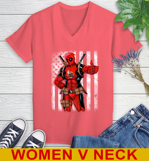 NFL Football Minnesota Vikings Deadpool American Flag Shirt Women's V-Neck T-Shirt 6