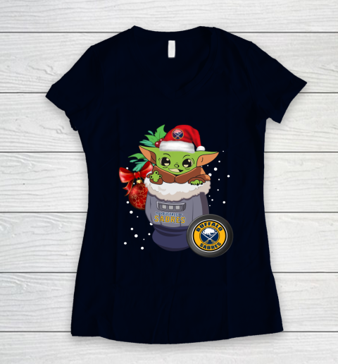 Buffalo Sabres Christmas Baby Yoda Star Wars Funny Happy NHL Women's V-Neck T-Shirt 3