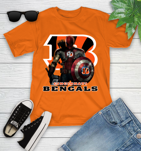 NFL Captain America Thor Spider Man Hawkeye Avengers Endgame Football Cincinnati Bengals Youth T-Shirt 7