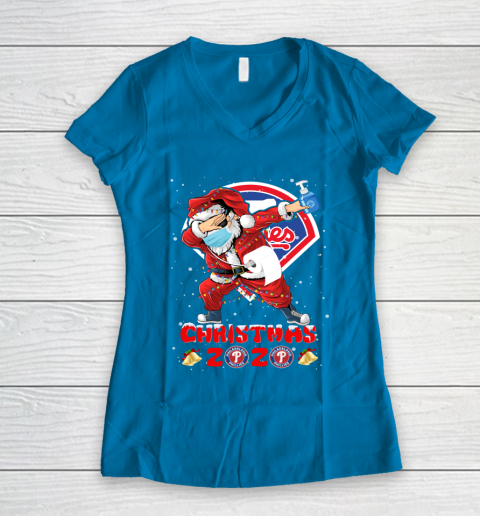 Philadelphia Phillies Funny Santa Claus Dabbing Christmas 2020 MLB Women's V-Neck T-Shirt 5