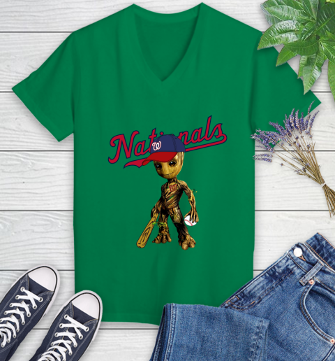 MLB Washington Nationals Groot Guardians Of The Galaxy Baseball Women's V-Neck T-Shirt 5