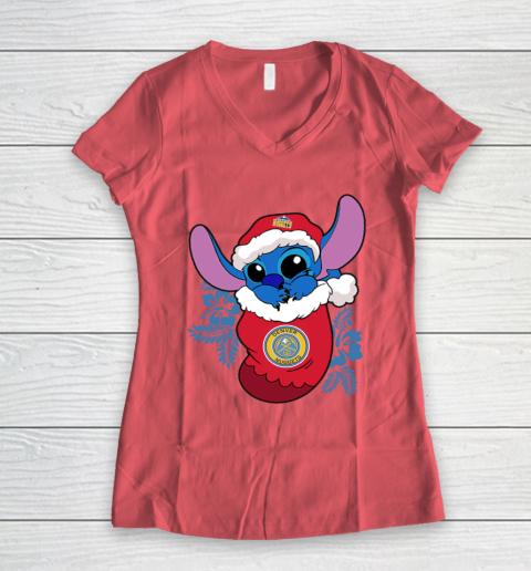 Denver Nuggets Christmas Stitch In The Sock Funny Disney NBA Women's V-Neck T-Shirt 6