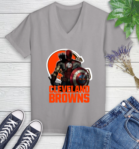 NFL Captain America Thor Spider Man Hawkeye Avengers Endgame Football Cleveland Browns Women's V-Neck T-Shirt 4