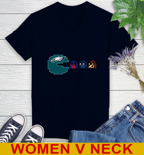 Philadelphia Eagles NFL Football Pac Man Champion Women's V-Neck T-Shirt 3