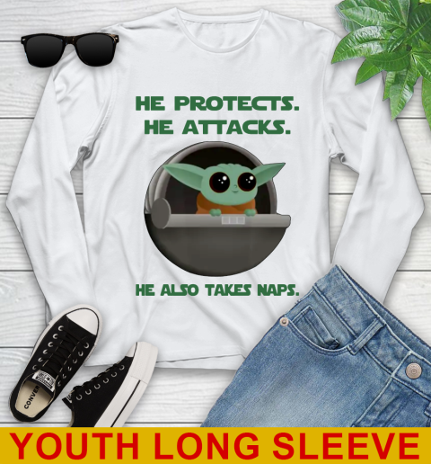 He Protects He Attacks He Also Takes Naps Baby Yoda Star Wars Shirts Youth Long Sleeve