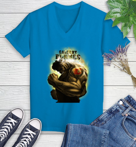 Calgary Flames NHL Hockey Hulk Marvel Avengers Sports Women's V-Neck T-Shirt 7
