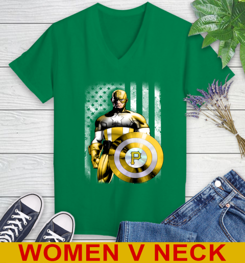 Pittsburgh Pirates MLB Baseball Captain America Marvel Avengers American Flag Shirt Women's V-Neck T-Shirt 5