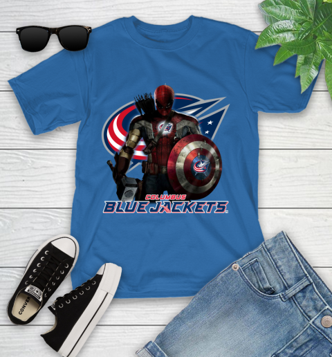 NHL Captain America Thor Spider Man Hawkeye Avengers Endgame Hockey Columbus Blue Jackets Youth T-Shirt 9