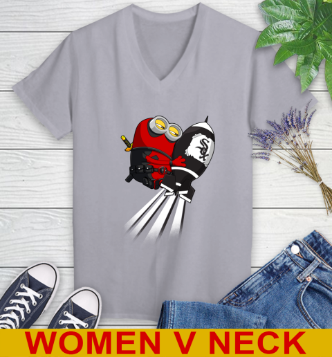 MLB Baseball Chicago White Sox Deadpool Minion Marvel Shirt Women's V-Neck T-Shirt 4