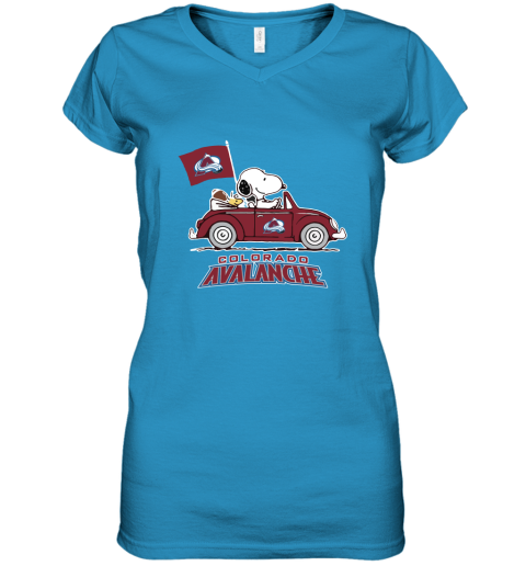 Snoopy And Woodstock Ride The Colorado Avalanche Car NHL Women's V-Neck T-Shirt