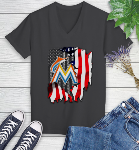 Miami Marlins MLB Baseball American Flag Women's V-Neck T-Shirt 8