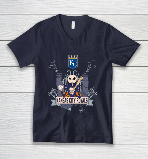 MLB Kansas City Royals Baseball Jack Skellington Halloween V-Neck T-Shirt 2