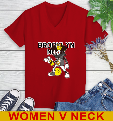 Brooklyn Nets NBA Basketball Mickey Peace Sign Sports Women's V-Neck T-Shirt 12