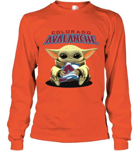 dsnv baby yoda hugs the colorado avalanche youth long sleeve 50 front orange