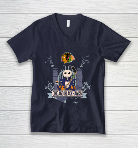 NHL Chicago Blackhawks Hockey Jack Skellington Halloween V-Neck T-Shirt 2