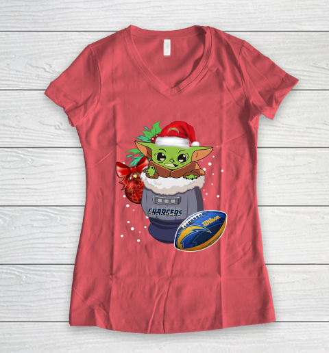 Los Angeles Chargers Christmas Baby Yoda Star Wars Funny Happy NFL Women's V-Neck T-Shirt 6