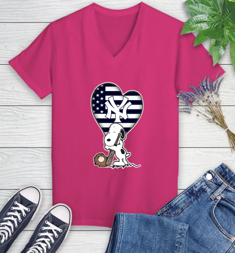 New York Yankees MLB Baseball The Peanuts Movie Adorable Snoopy Women's V-Neck T-Shirt 9
