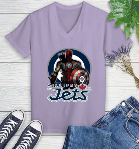 NHL Captain America Thor Spider Man Hawkeye Avengers Endgame Hockey Winnipeg Jets Women's V-Neck T-Shirt 14