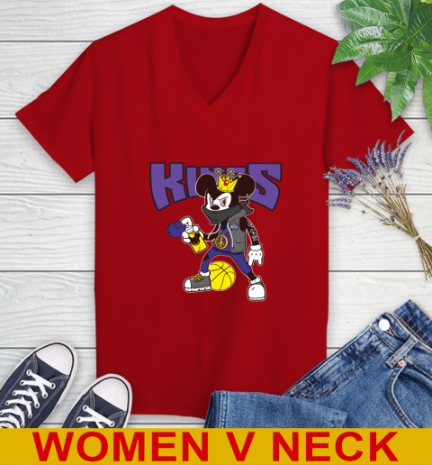 Sacramento Kings NBA Basketball Mickey Peace Sign Sports Women's V-Neck T-Shirt 12