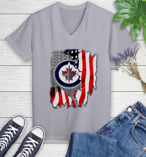 Winnipeg Jets NHL Hockey American Flag Women's V-Neck T-Shirt 4