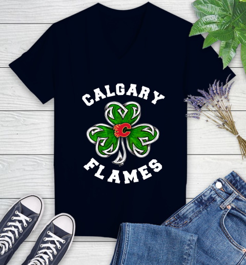 NHL Calgary Flames Three Leaf Clover St Patrick's Day Hockey Sports Women's V-Neck T-Shirt 2