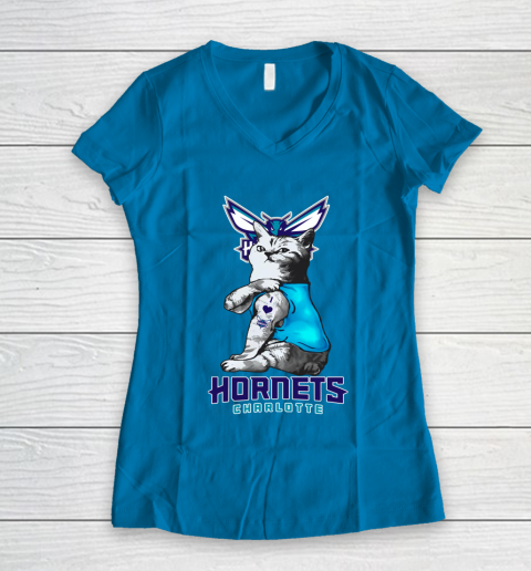 NBA Basketball My Cat Loves Charlotte Hornets Women's V-Neck T-Shirt 5