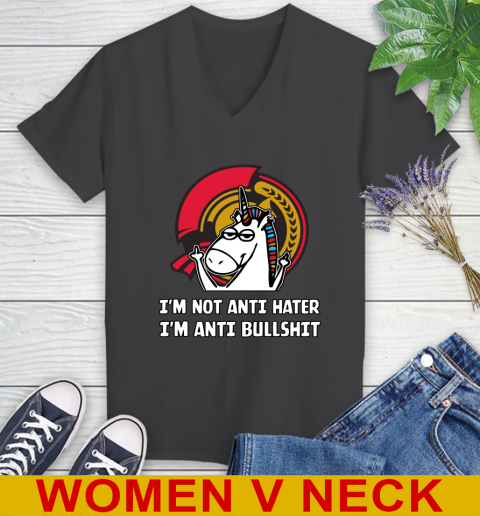 Ottawa Senators NHL Hockey Unicorn I'm Not Anti Hater I'm Anti Bullshit Women's V-Neck T-Shirt 9