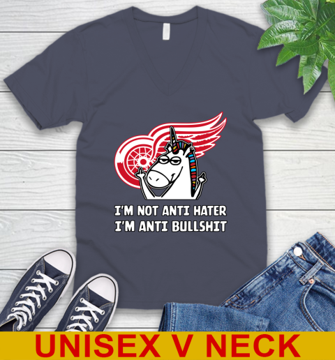 Detroit Red Wings NHL Hockey Unicorn I'm Not Anti Hater I'm Anti Bullshit V-Neck T-Shirt 8