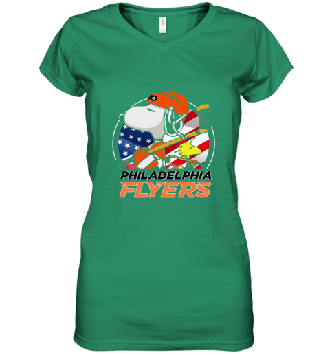 tdse philadelphia flyers snoopy and woodstock nhl women v neck t shirt 39 front irish green