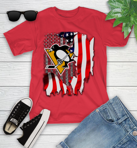 Pittsburgh Penguins NHL Hockey American Flag Youth T Shirt Tee For Sports