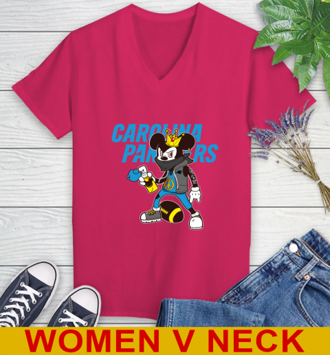 Carolina Panthers NFL Football Mickey Peace Sign Sports Women's V-Neck T-Shirt 10
